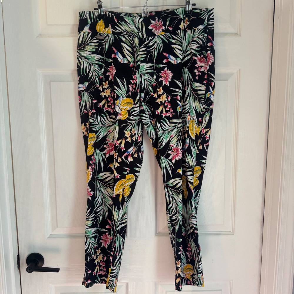 Peck & Peck Pants Women 16 Black Multi Tropical Floral Hummingbird Ankle Slim